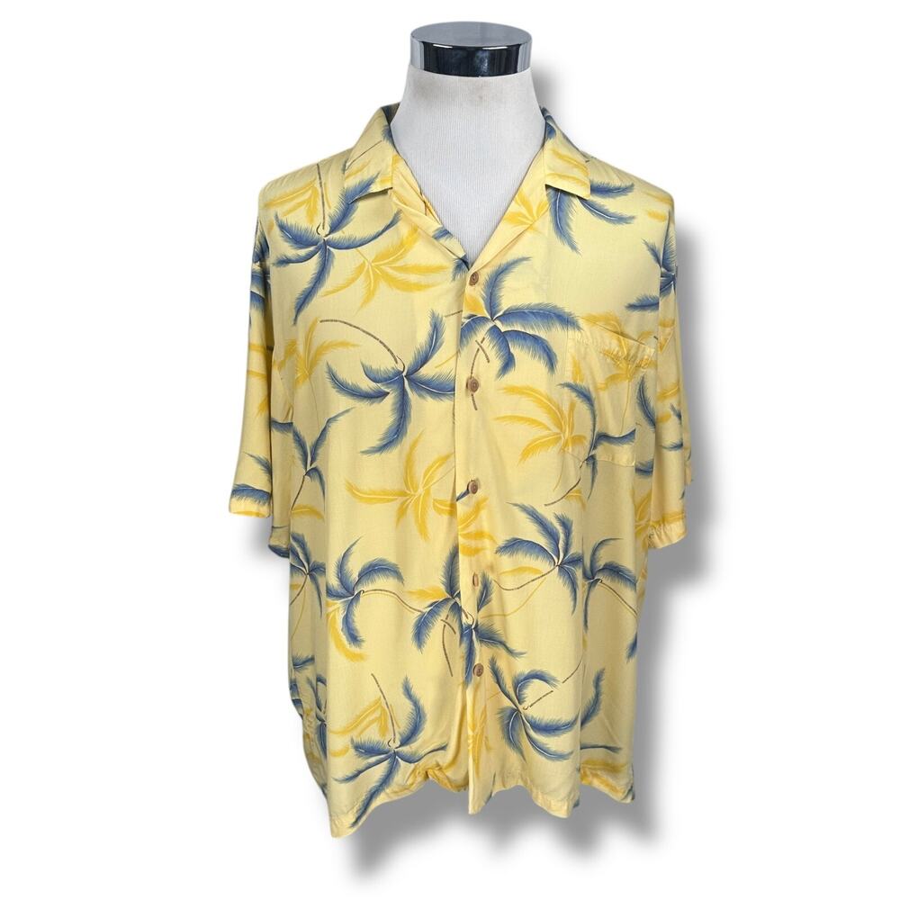Vintage Paradise Found Hawaiian Shirt Men's 2XL XXL Yellow Blue Palm‎ Rayon 80s
